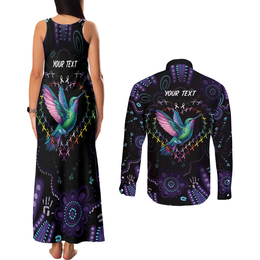 Australia Indigenous Aboriginal Arts Couples Matching Tank Maxi Dress and Long Sleeve Button Shirt Hummingbird - Fight Cancer In All Colors