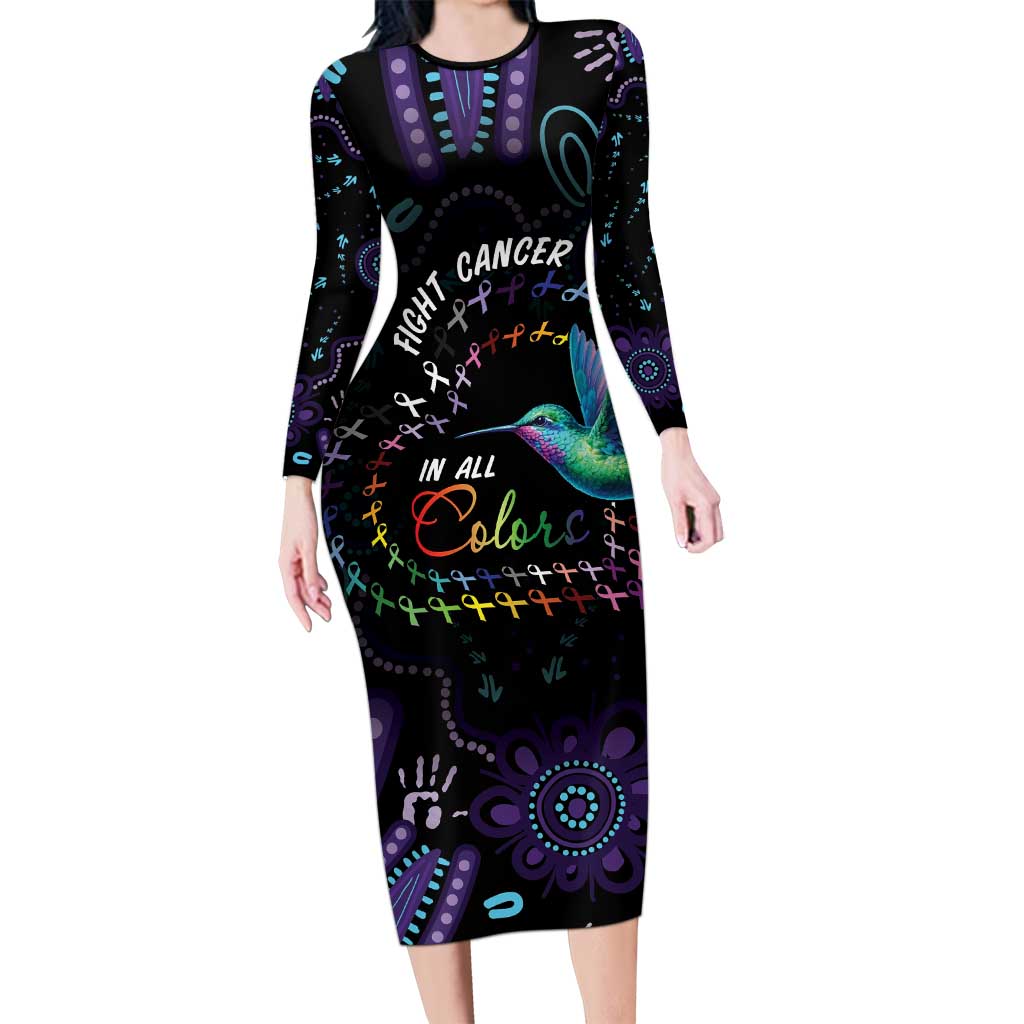 Australia Indigenous Aboriginal Arts Family Matching Long Sleeve Bodycon Dress and Hawaiian Shirt Hummingbird - Fight Cancer In All Colors