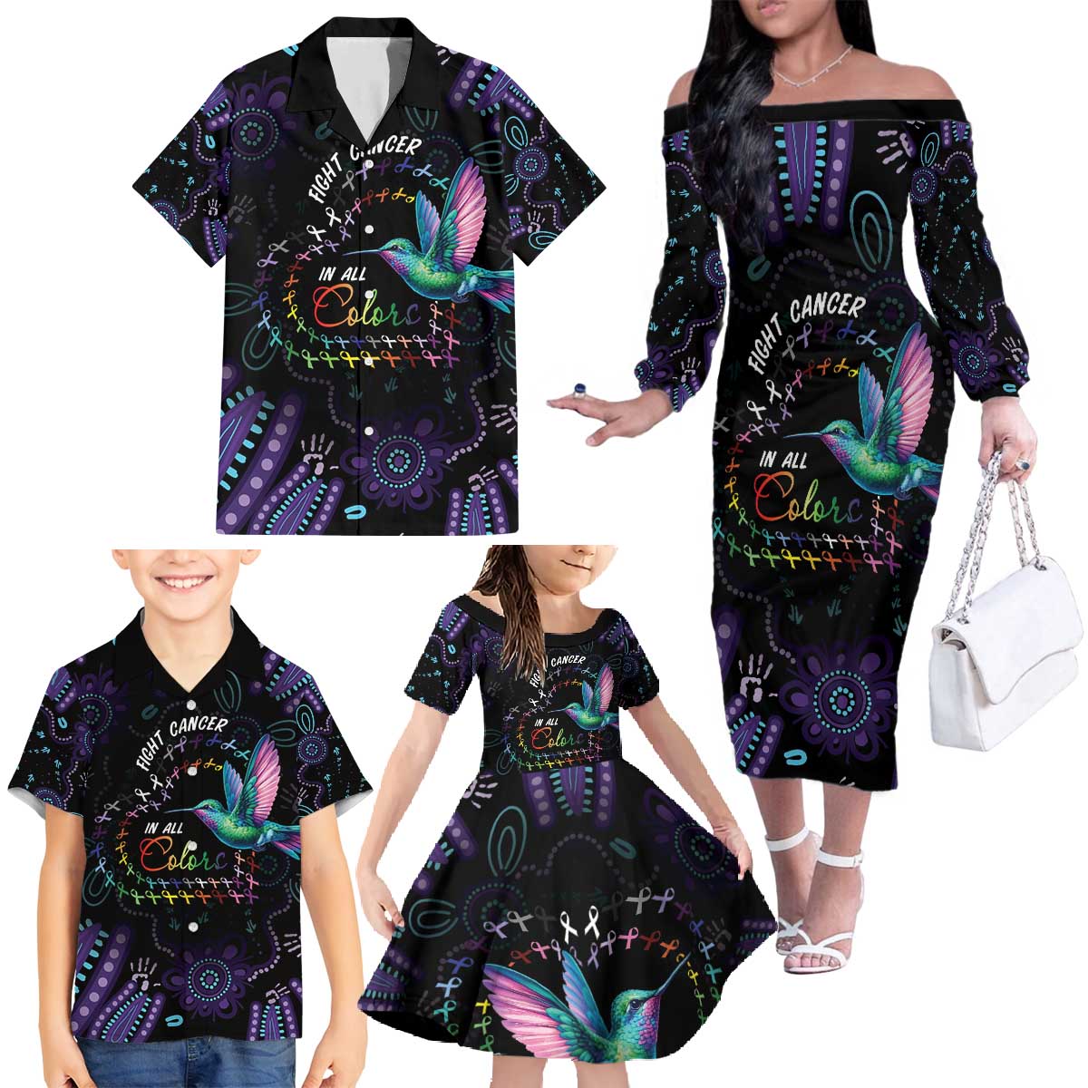Australia Indigenous Aboriginal Arts Family Matching Off The Shoulder Long Sleeve Dress and Hawaiian Shirt Hummingbird - Fight Cancer In All Colors