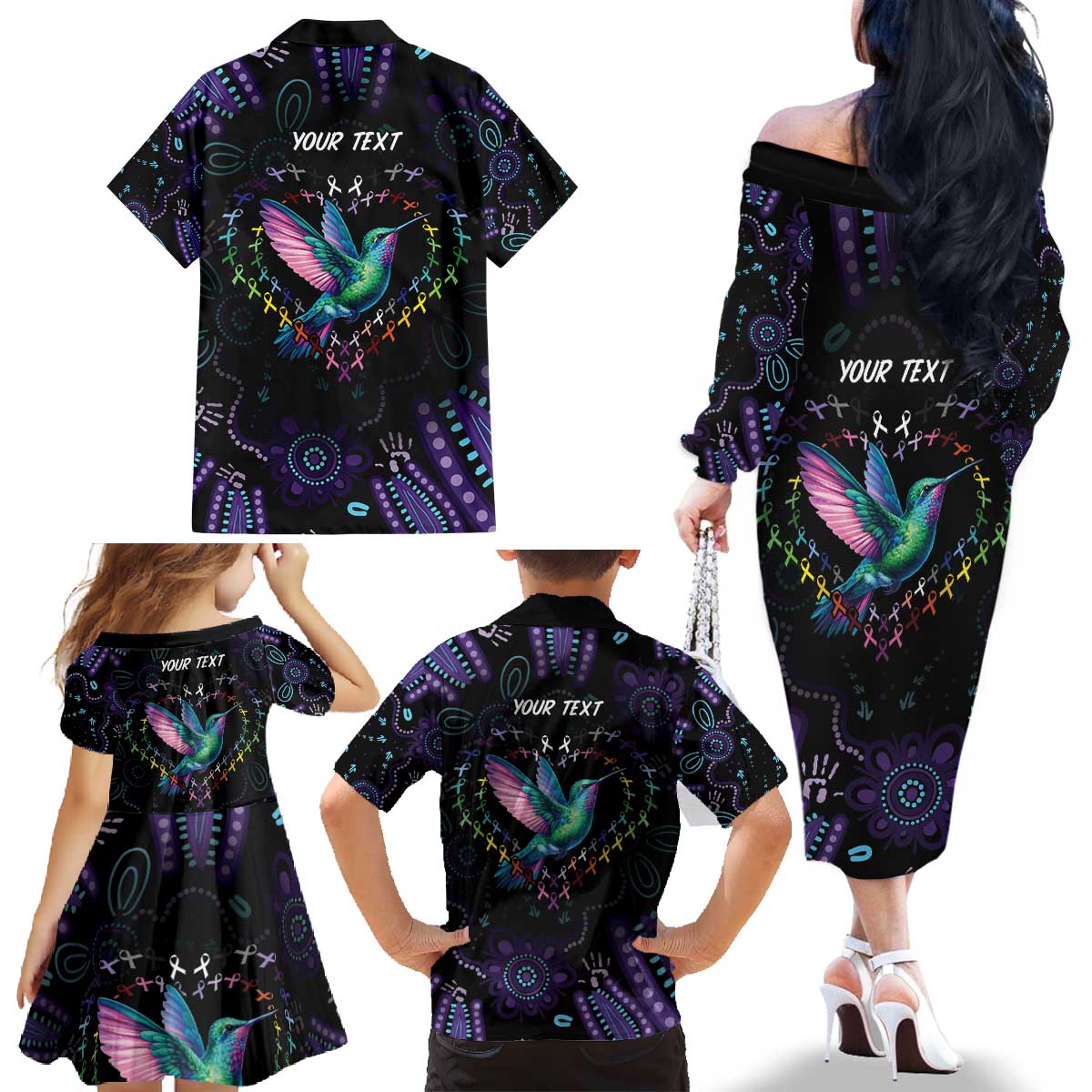 Australia Indigenous Aboriginal Arts Family Matching Off The Shoulder Long Sleeve Dress and Hawaiian Shirt Hummingbird - Fight Cancer In All Colors