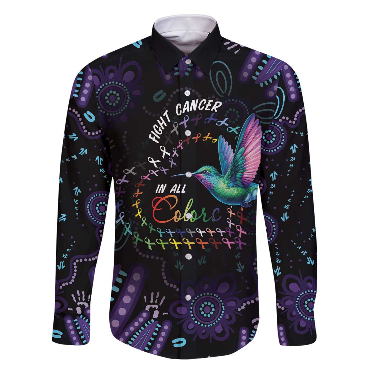 Australia Indigenous Aboriginal Arts Family Matching Off The Shoulder Long Sleeve Dress and Hawaiian Shirt Hummingbird - Fight Cancer In All Colors