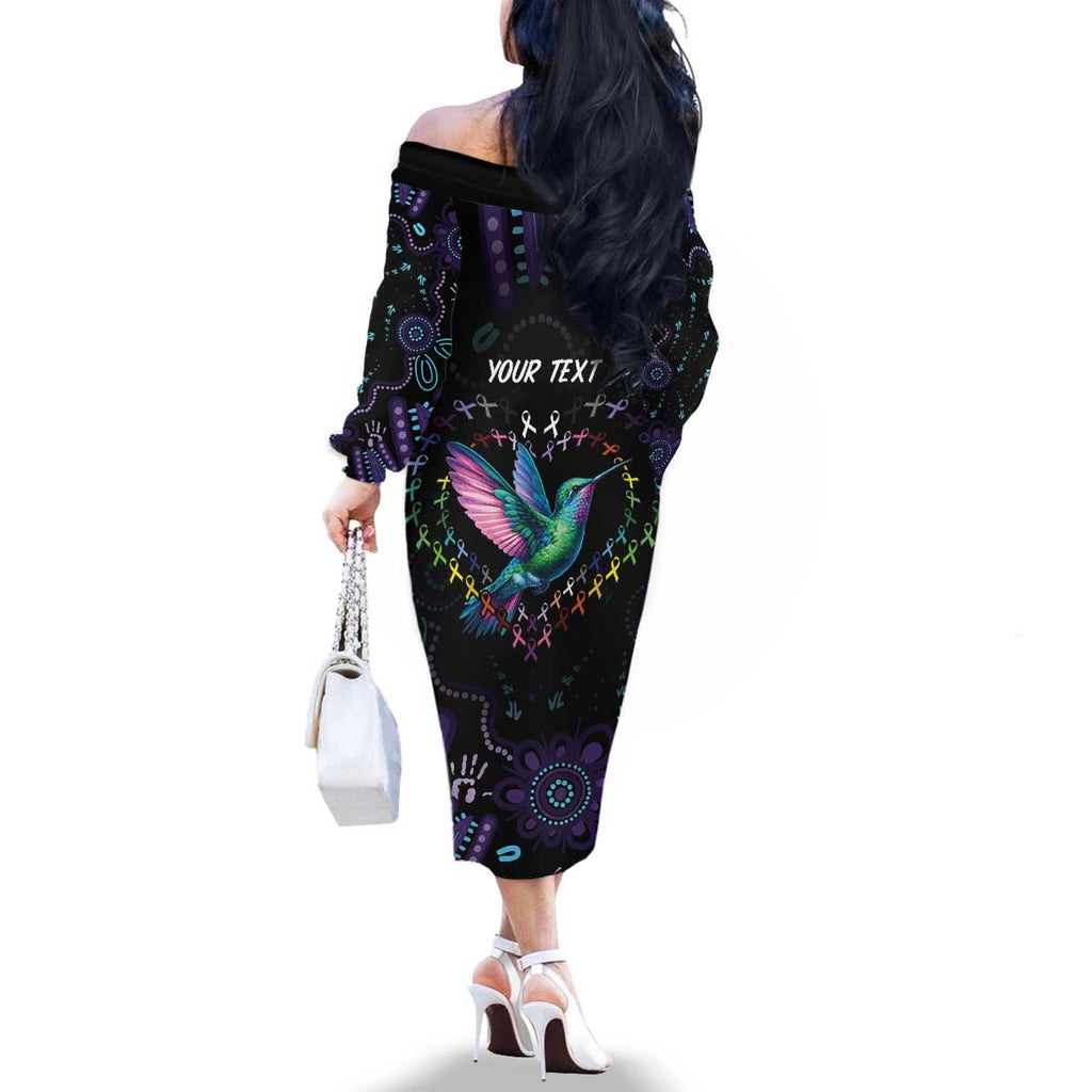 Australia Indigenous Aboriginal Arts Family Matching Off The Shoulder Long Sleeve Dress and Hawaiian Shirt Hummingbird - Fight Cancer In All Colors