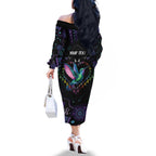 Australia Indigenous Aboriginal Arts Family Matching Off The Shoulder Long Sleeve Dress and Hawaiian Shirt Hummingbird - Fight Cancer In All Colors