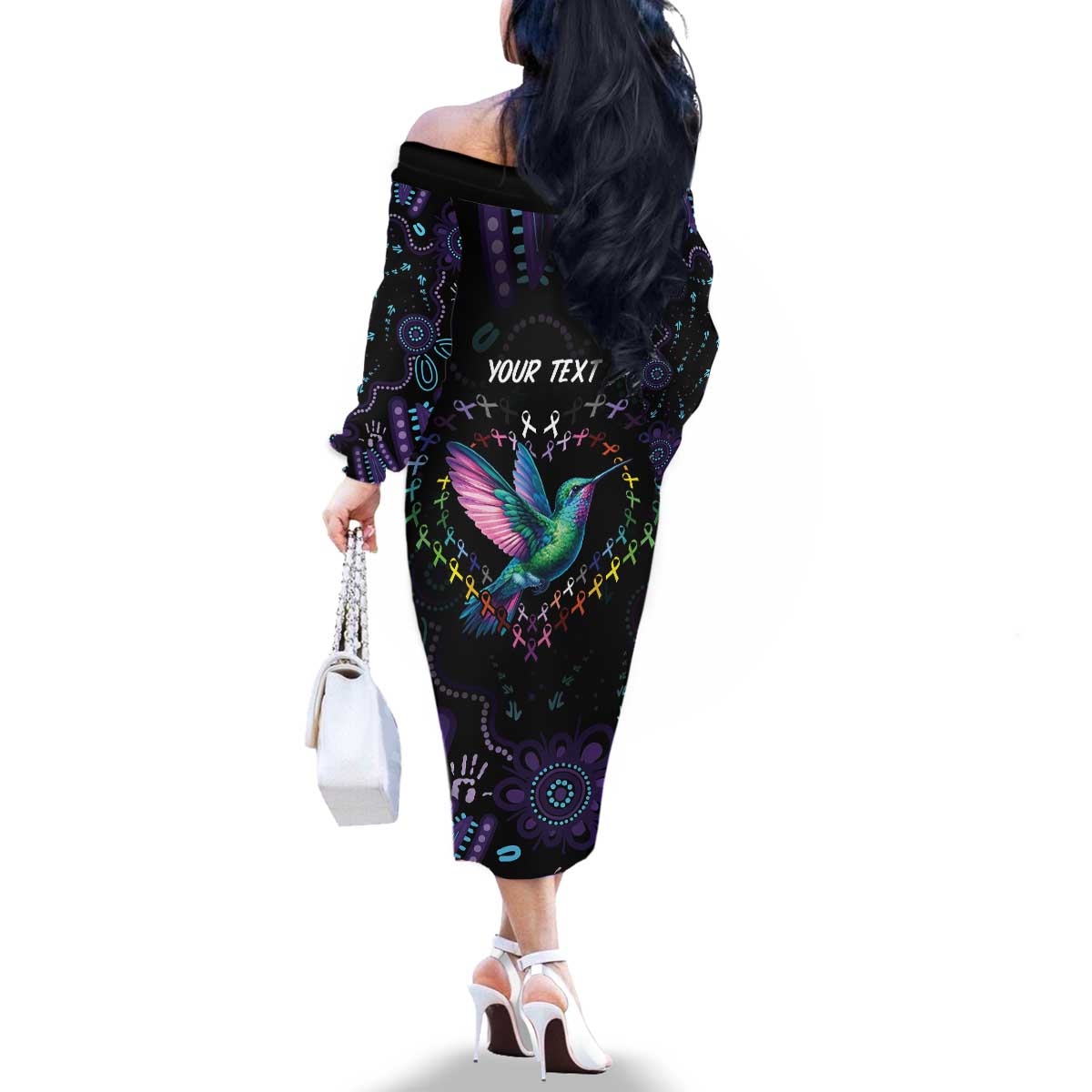 Australia Indigenous Aboriginal Arts Family Matching Off The Shoulder Long Sleeve Dress and Hawaiian Shirt Hummingbird - Fight Cancer In All Colors
