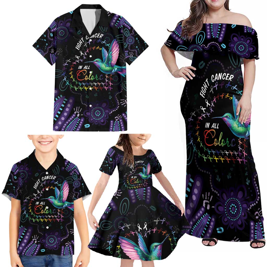 Australia Indigenous Aboriginal Arts Family Matching Off Shoulder Maxi Dress and Hawaiian Shirt Hummingbird - Fight Cancer In All Colors