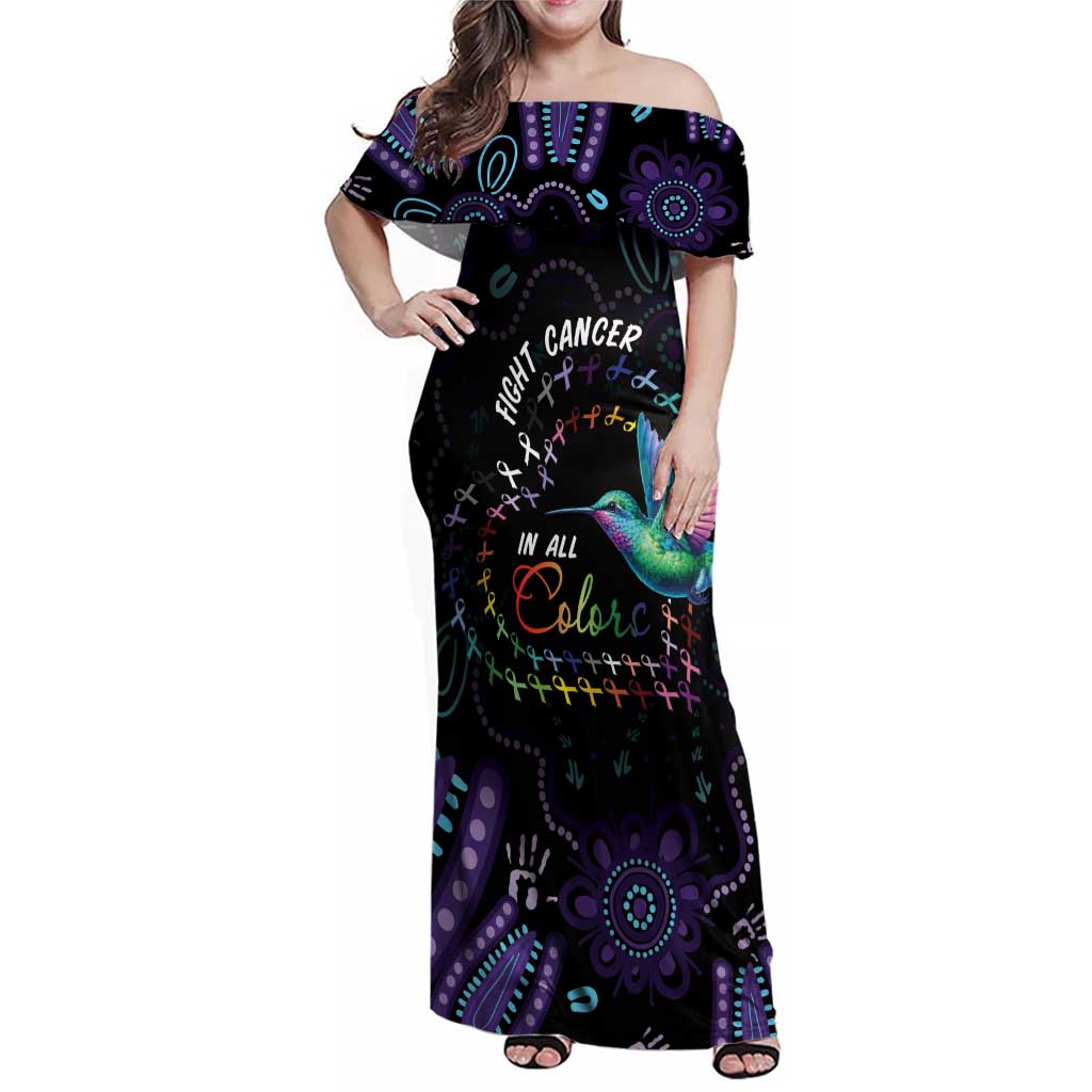 Australia Indigenous Aboriginal Arts Family Matching Off Shoulder Maxi Dress and Hawaiian Shirt Hummingbird - Fight Cancer In All Colors