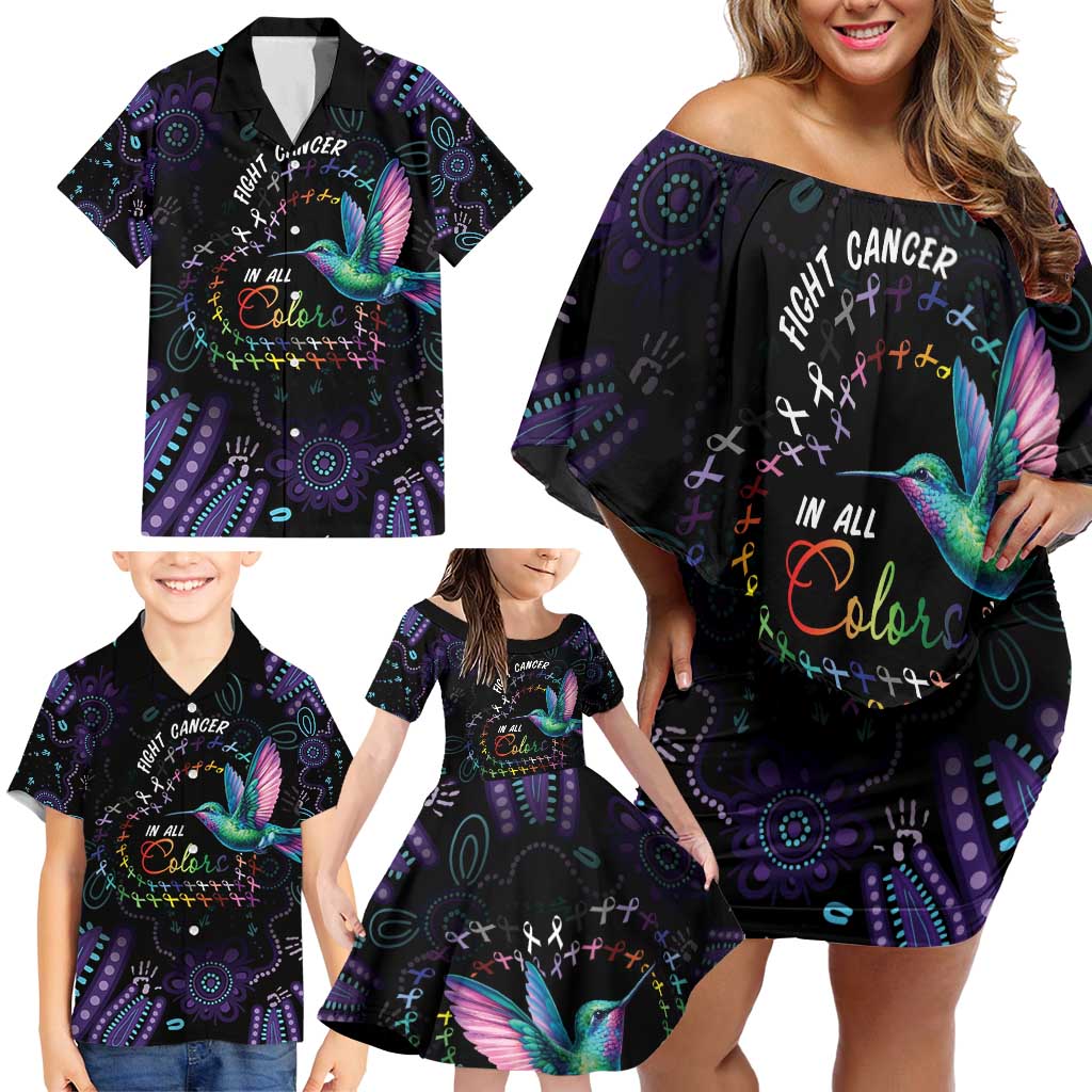 Australia Indigenous Aboriginal Arts Family Matching Off Shoulder Short Dress and Hawaiian Shirt Hummingbird - Fight Cancer In All Colors
