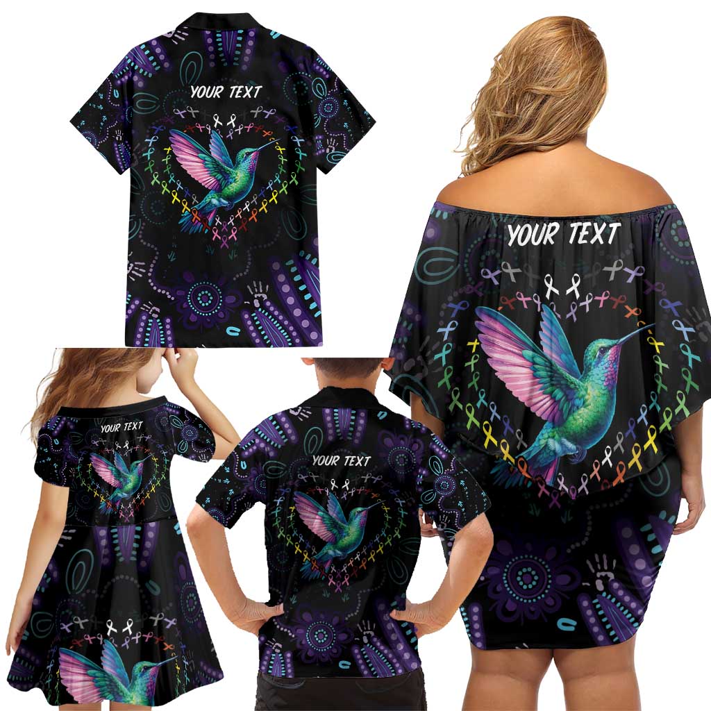 Australia Indigenous Aboriginal Arts Family Matching Off Shoulder Short Dress and Hawaiian Shirt Hummingbird - Fight Cancer In All Colors
