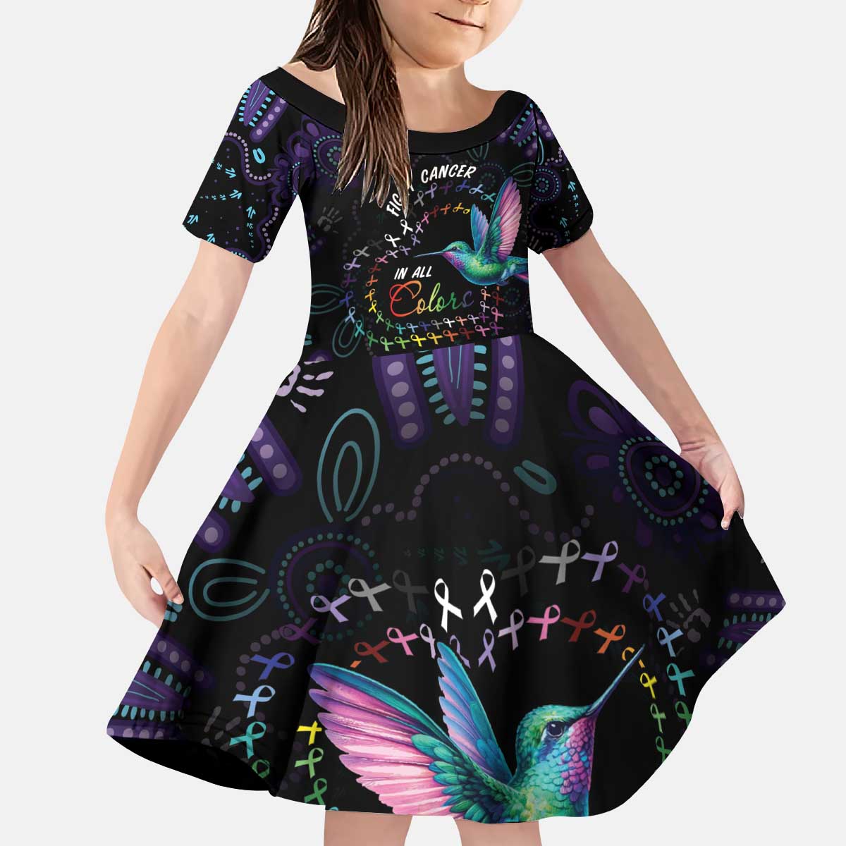 Australia Indigenous Aboriginal Arts Kid Short Sleeve Dress Hummingbird - Fight Cancer In All Colors