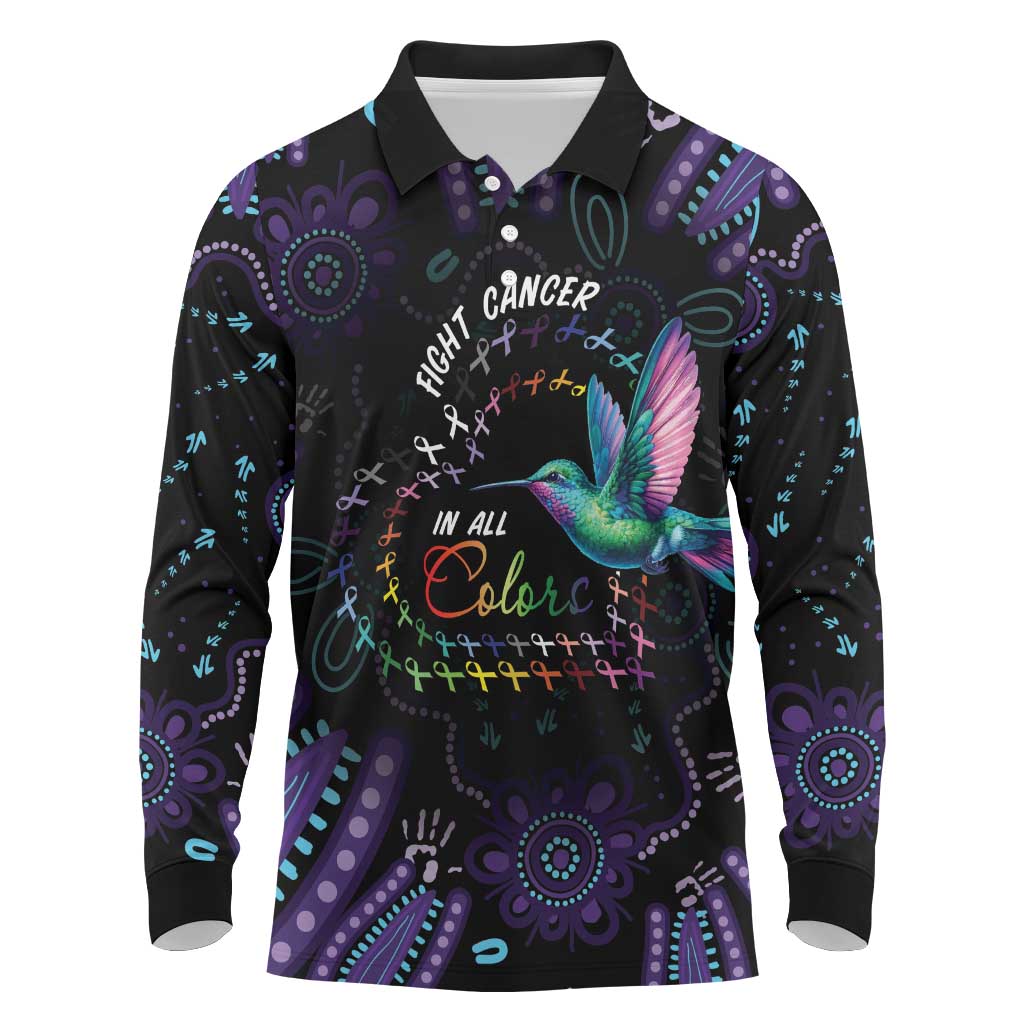 Australia Indigenous Aboriginal Arts Long Sleeve Polo Shirt Hummingbird - Fight Cancer In All Colors