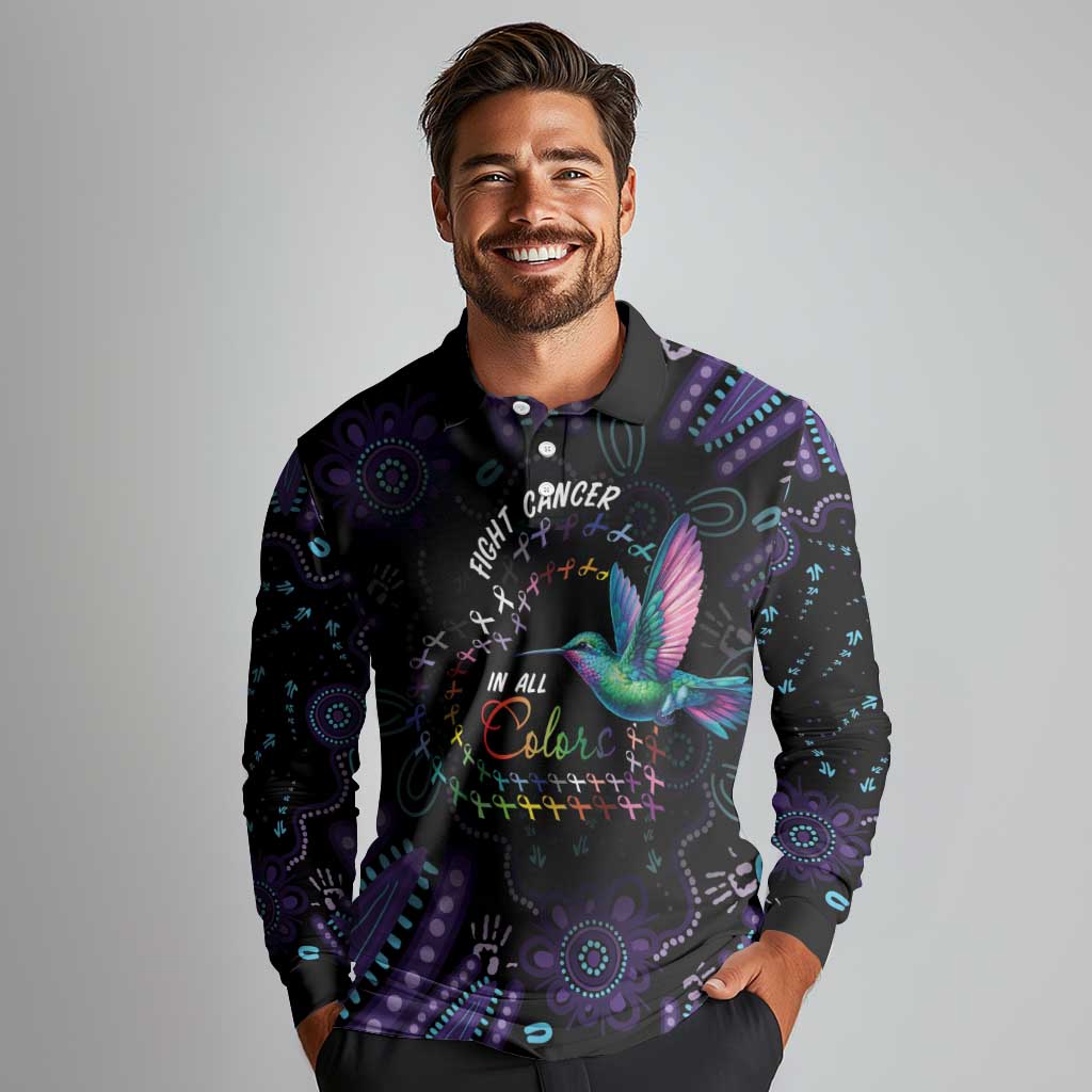 Australia Indigenous Aboriginal Arts Long Sleeve Polo Shirt Hummingbird - Fight Cancer In All Colors