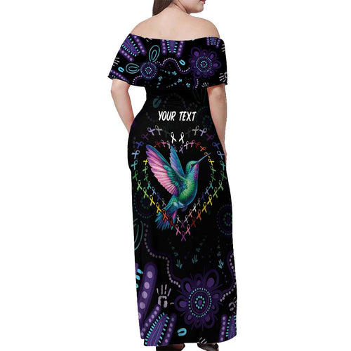Australia Indigenous Aboriginal Arts Off Shoulder Maxi Dress Hummingbird - Fight Cancer In All Colors