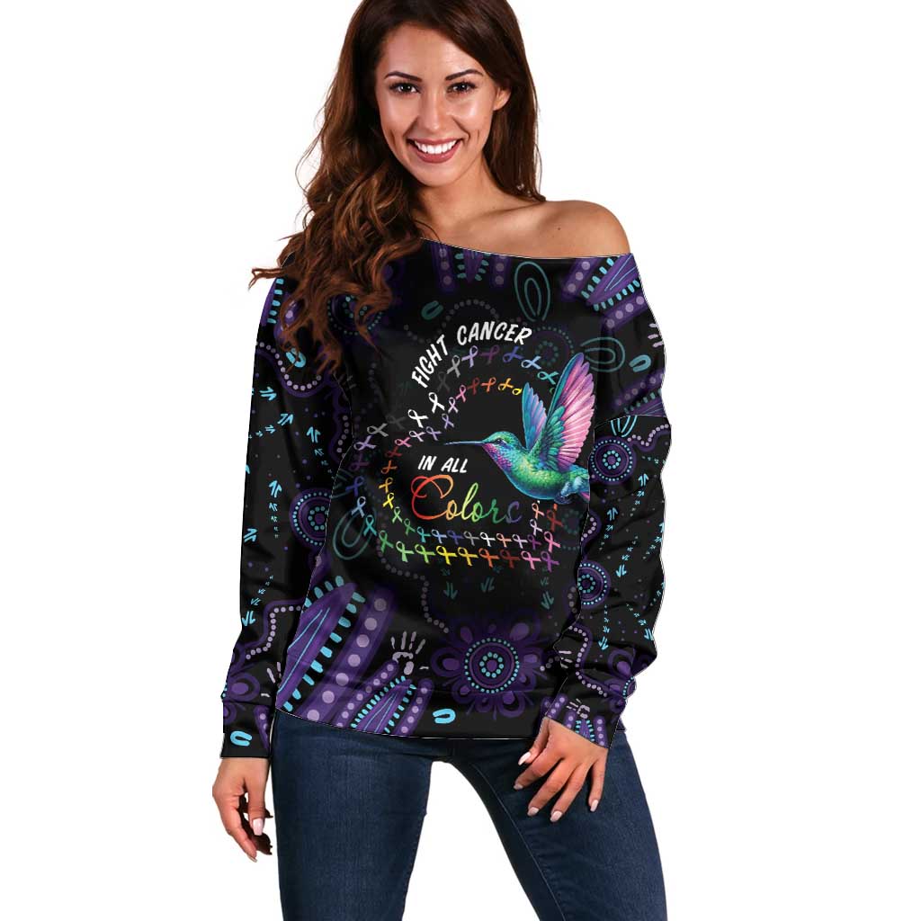 Australia Indigenous Aboriginal Arts Off Shoulder Sweater Hummingbird - Fight Cancer In All Colors