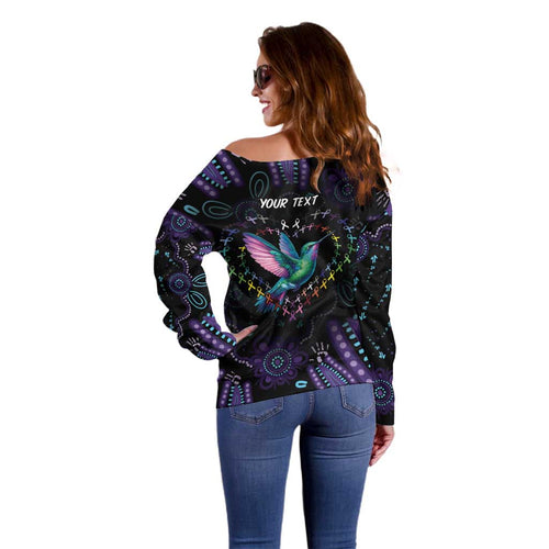 Australia Indigenous Aboriginal Arts Off Shoulder Sweater Hummingbird - Fight Cancer In All Colors