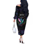 Australia Indigenous Aboriginal Arts Off The Shoulder Long Sleeve Dress Hummingbird - Fight Cancer In All Colors