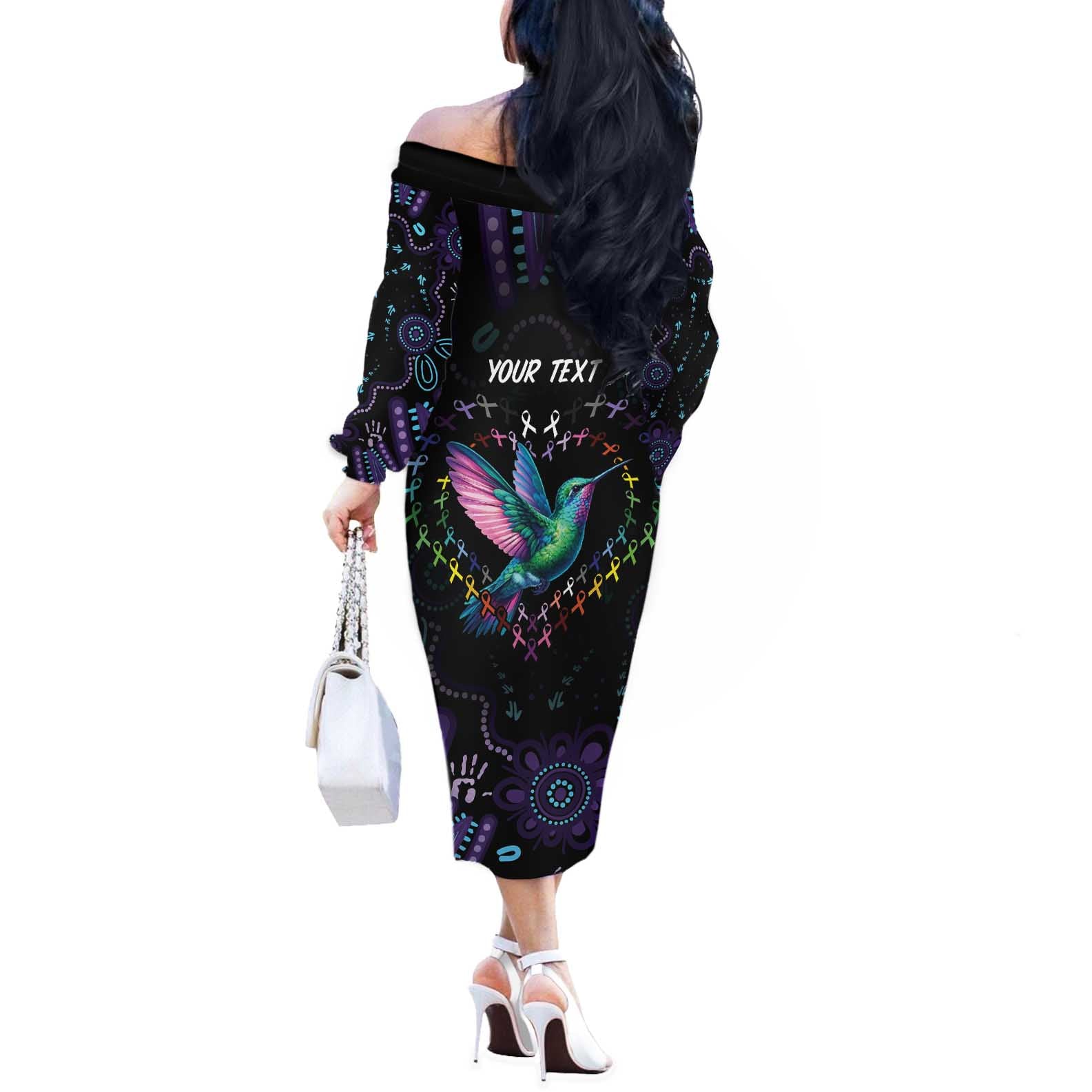 Australia Indigenous Aboriginal Arts Off The Shoulder Long Sleeve Dress Hummingbird - Fight Cancer In All Colors