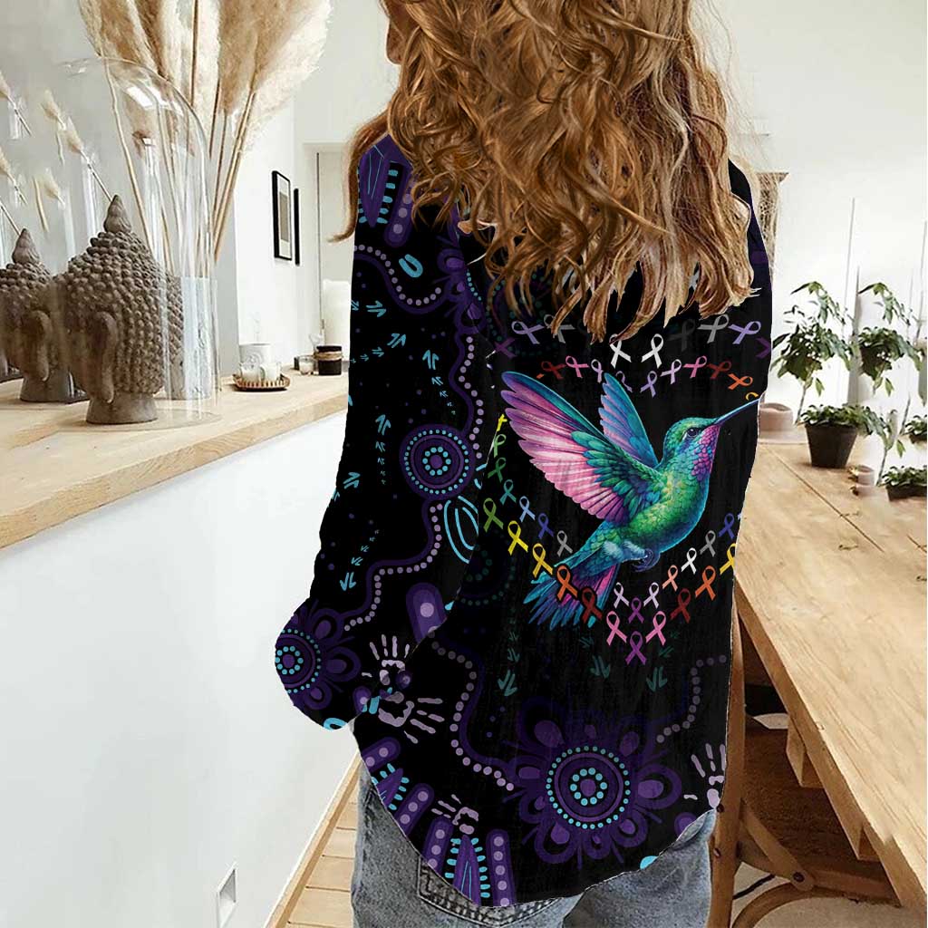 Australia Indigenous Aboriginal Arts Women Casual Shirt Hummingbird - Fight Cancer In All Colors