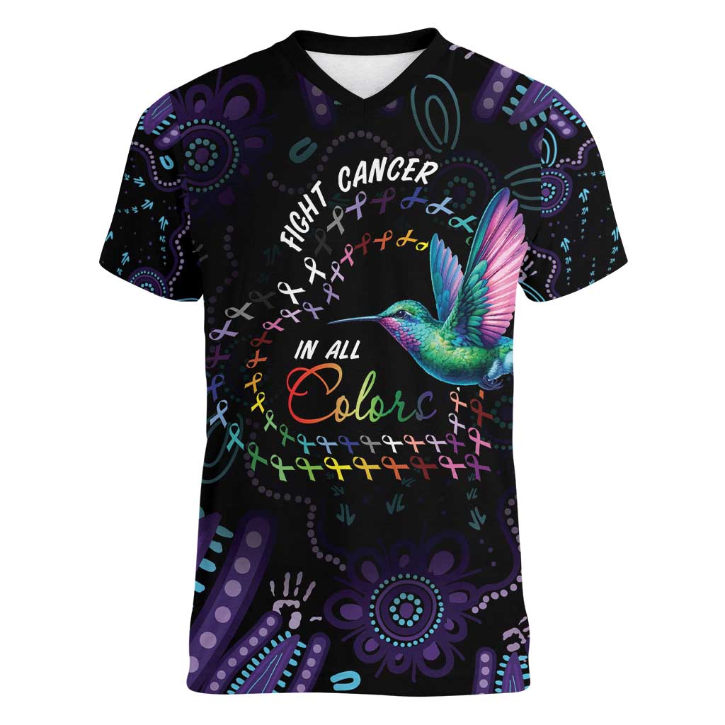 Australia Indigenous Aboriginal Arts Women V-Neck T-Shirt Hummingbird - Fight Cancer In All Colors