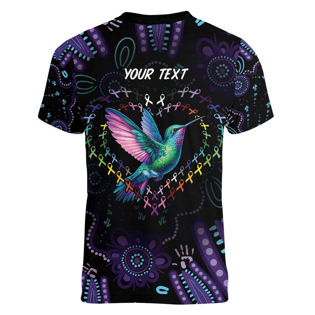 Australia Indigenous Aboriginal Arts Women V-Neck T-Shirt Hummingbird - Fight Cancer In All Colors
