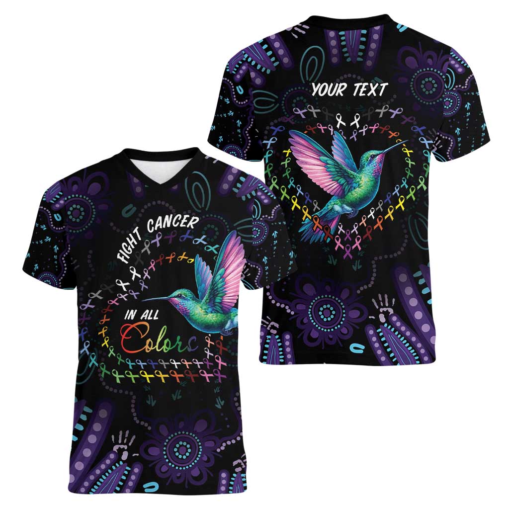 Australia Indigenous Aboriginal Arts Women V-Neck T-Shirt Hummingbird - Fight Cancer In All Colors
