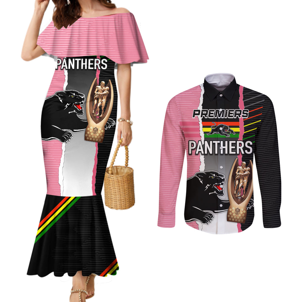 personalised-panther-rugby-nrl-premiers-couples-matching-mermaid-dress-and-long-sleeve-button-shirts-panther-pride-black-pink-sporty-vibe