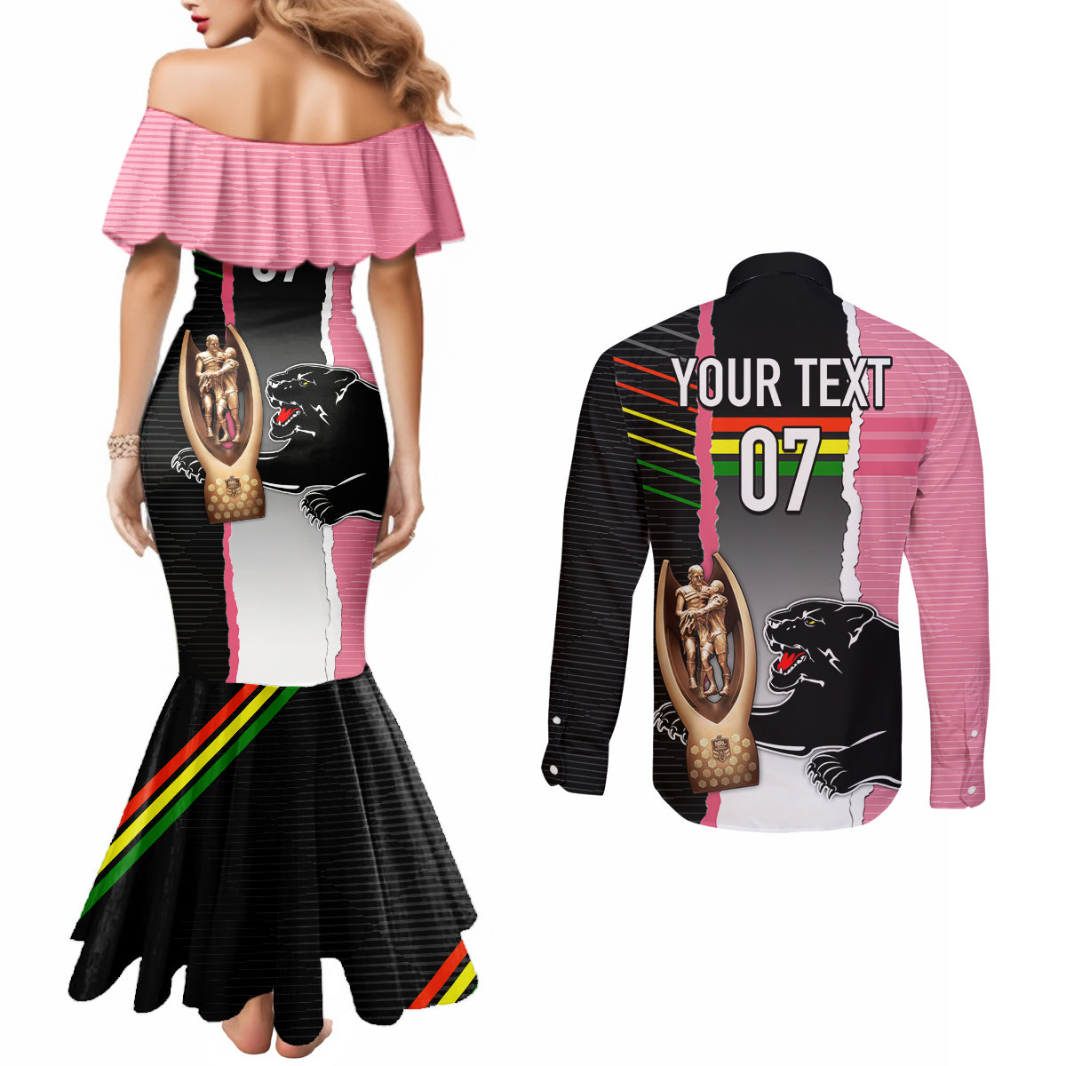 personalised-panther-rugby-nrl-premiers-couples-matching-mermaid-dress-and-long-sleeve-button-shirts-panther-pride-black-pink-sporty-vibe