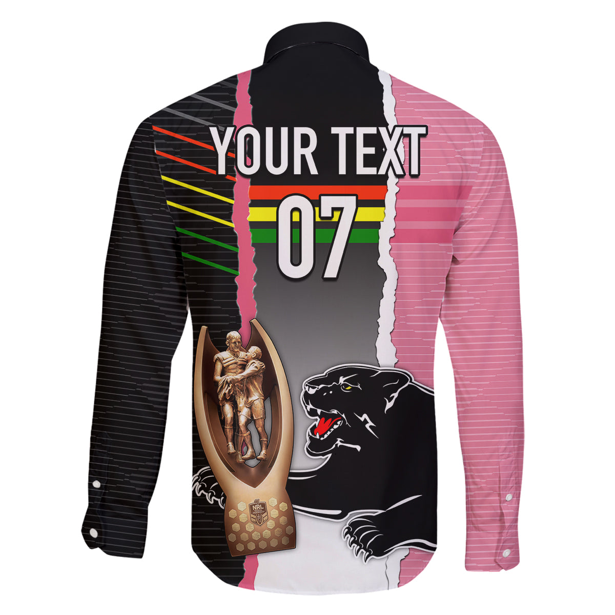 personalised-panther-rugby-nrl-premiers-family-matching-off-shoulder-maxi-dress-and-hawaiian-shirt-panther-pride-black-pink-sporty-vibe