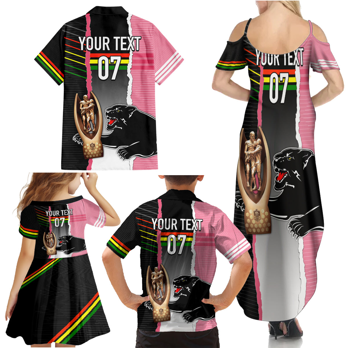 personalised-panther-rugby-nrl-premiers-family-matching-summer-maxi-dress-and-hawaiian-shirt-panther-pride-black-pink-sporty-vibe