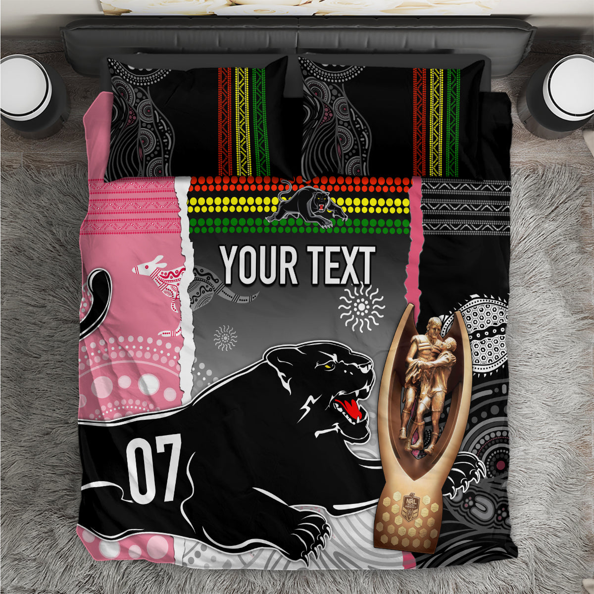 personalised-panther-rugby-nrl-premiers-bedding-set-panther-pride-black-pink-aboriginal-mix-art