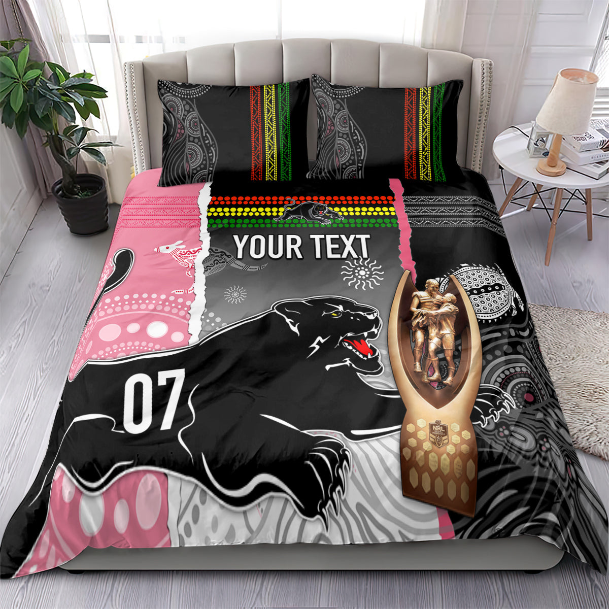 personalised-panther-rugby-nrl-premiers-bedding-set-panther-pride-black-pink-aboriginal-mix-art