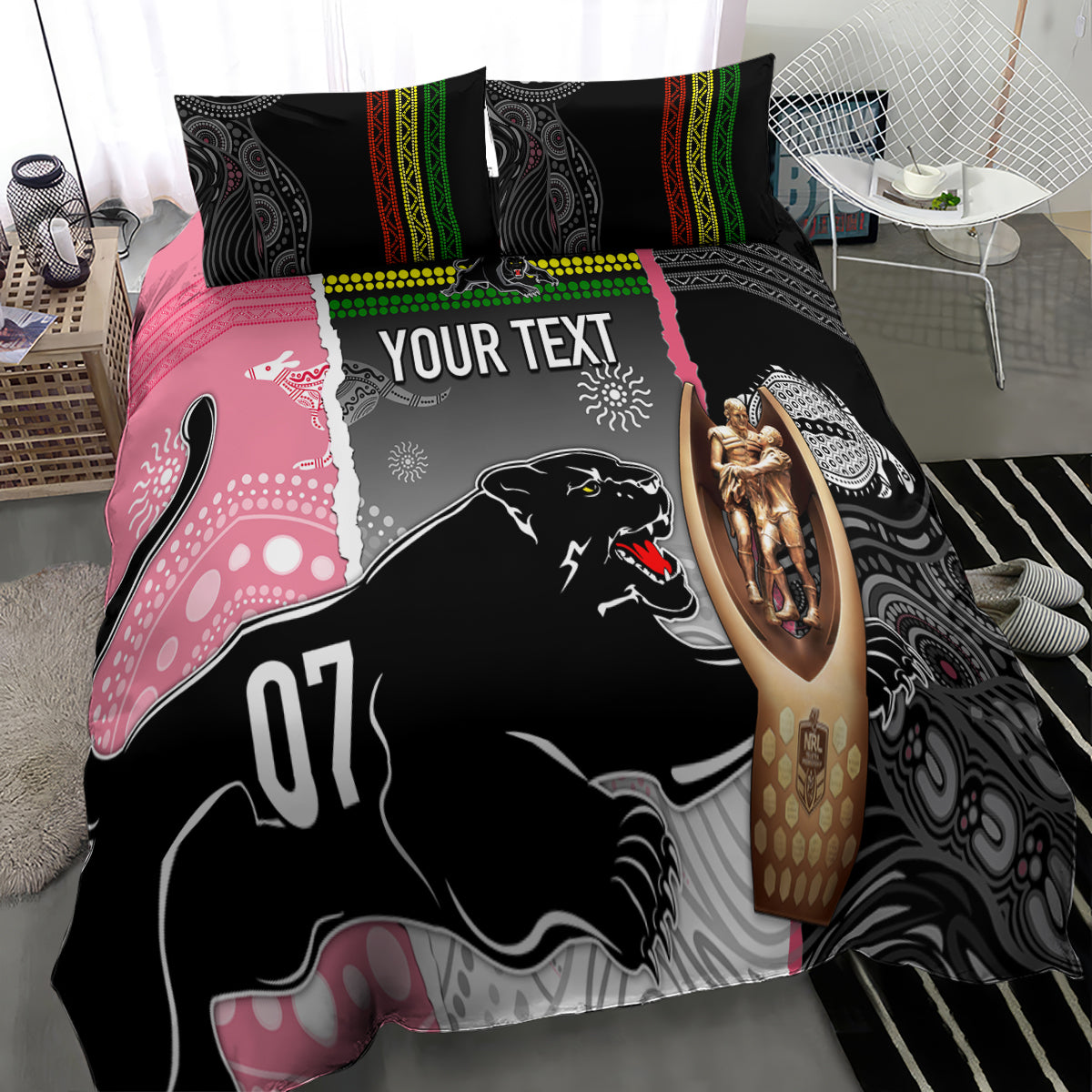 personalised-panther-rugby-nrl-premiers-bedding-set-panther-pride-black-pink-aboriginal-mix-art