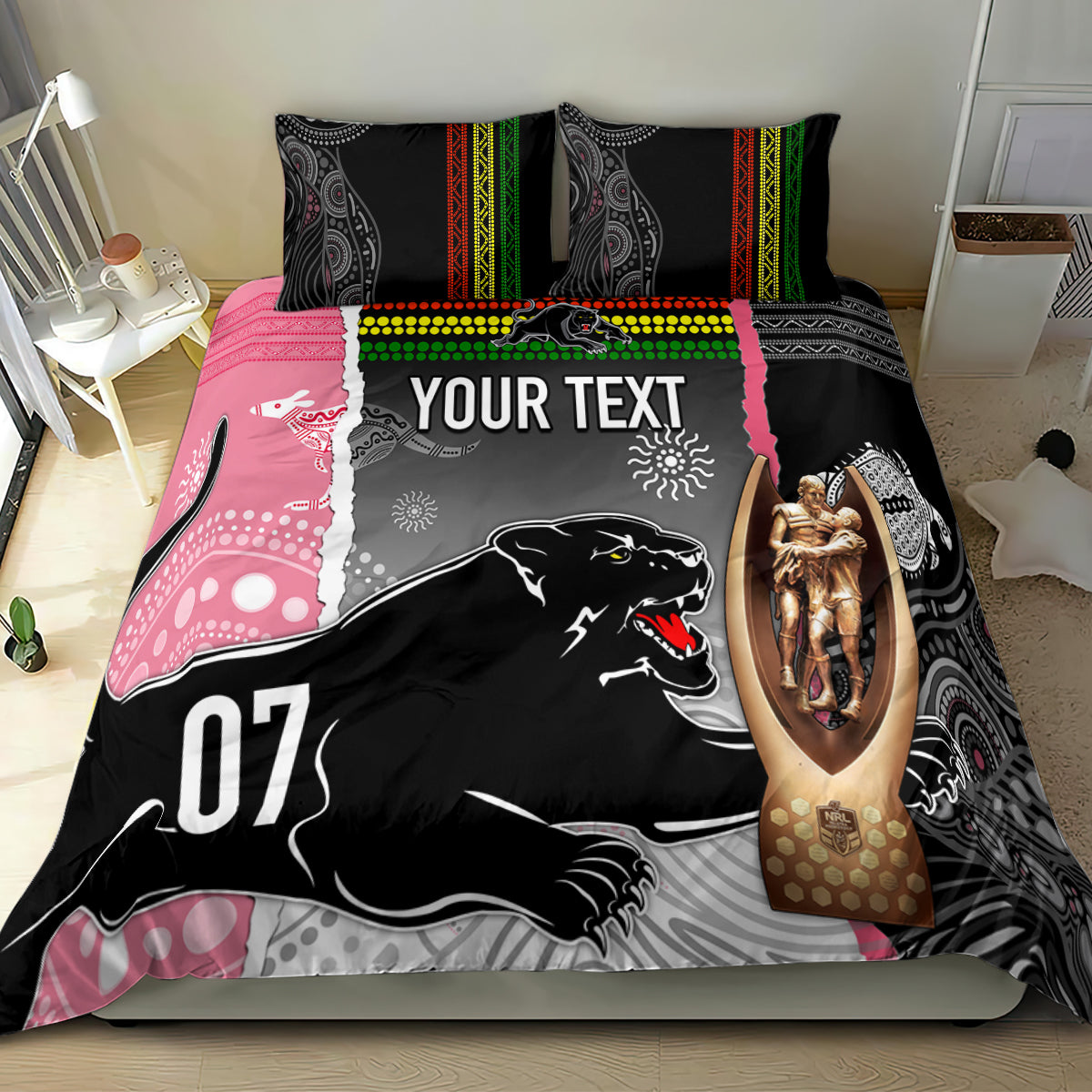 personalised-panther-rugby-nrl-premiers-bedding-set-panther-pride-black-pink-aboriginal-mix-art