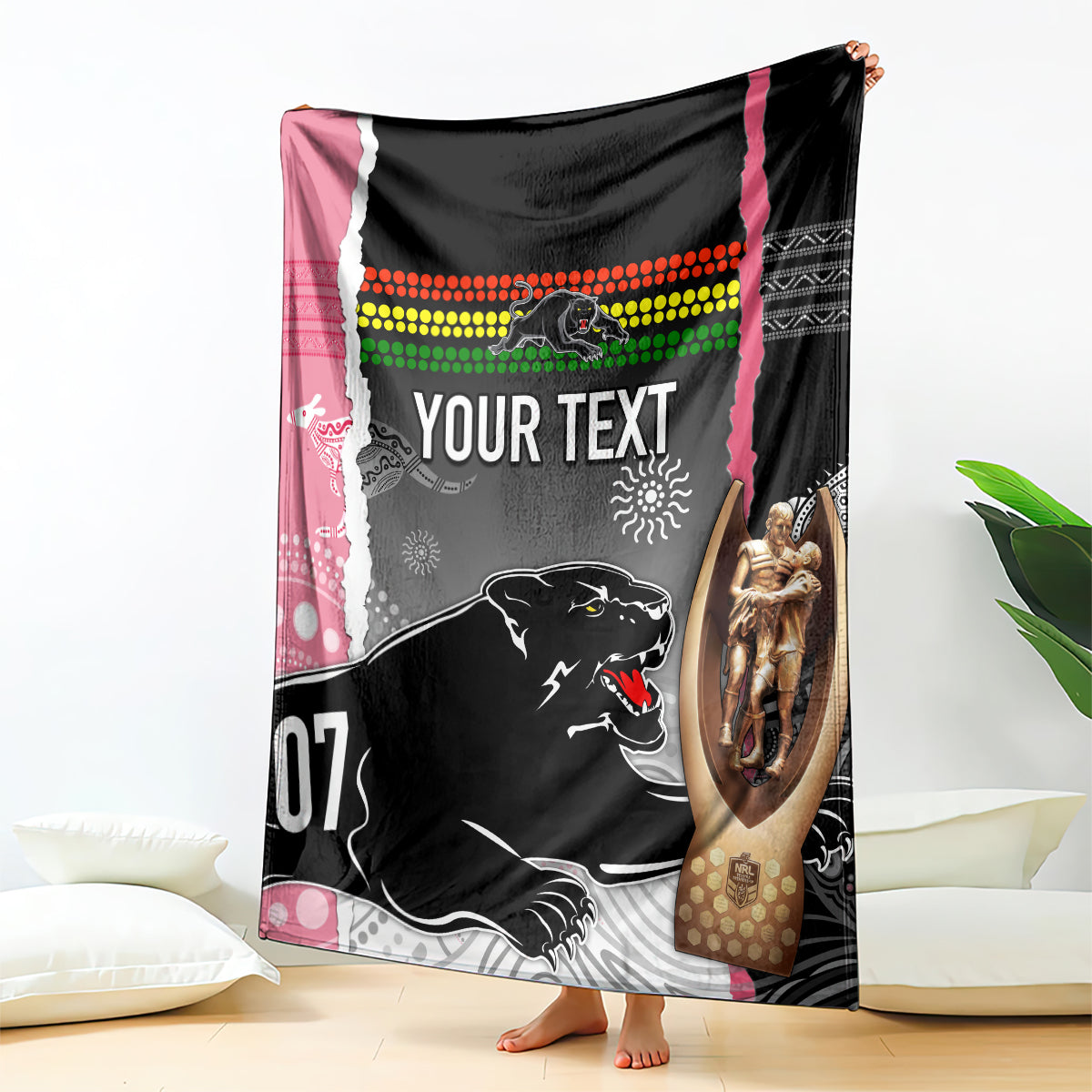 personalised-panther-rugby-nrl-premiers-blanket-panther-pride-black-pink-aboriginal-mix-art