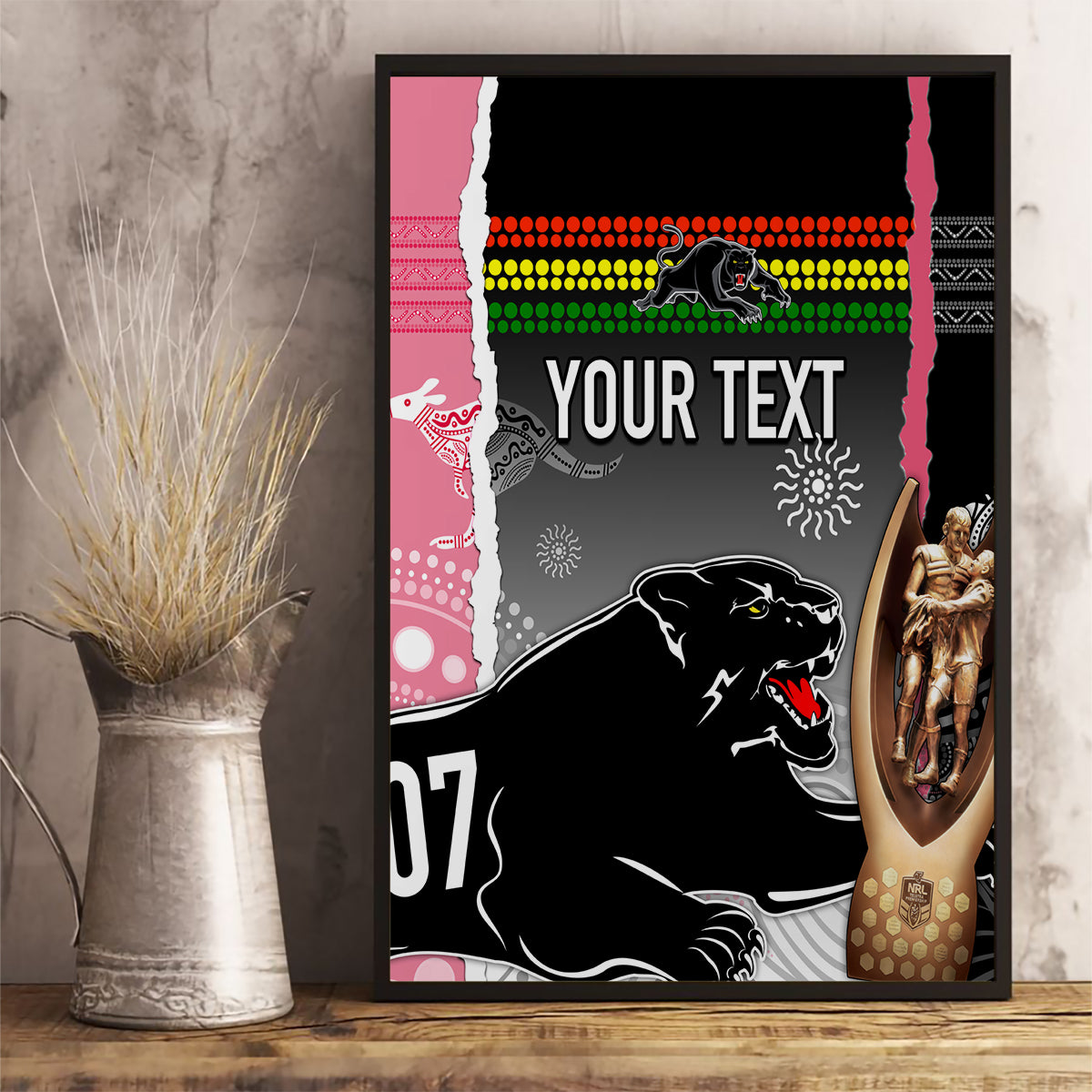 personalised-panther-rugby-nrl-premiers-canvas-wall-art-panther-pride-black-pink-aboriginal-mix-art