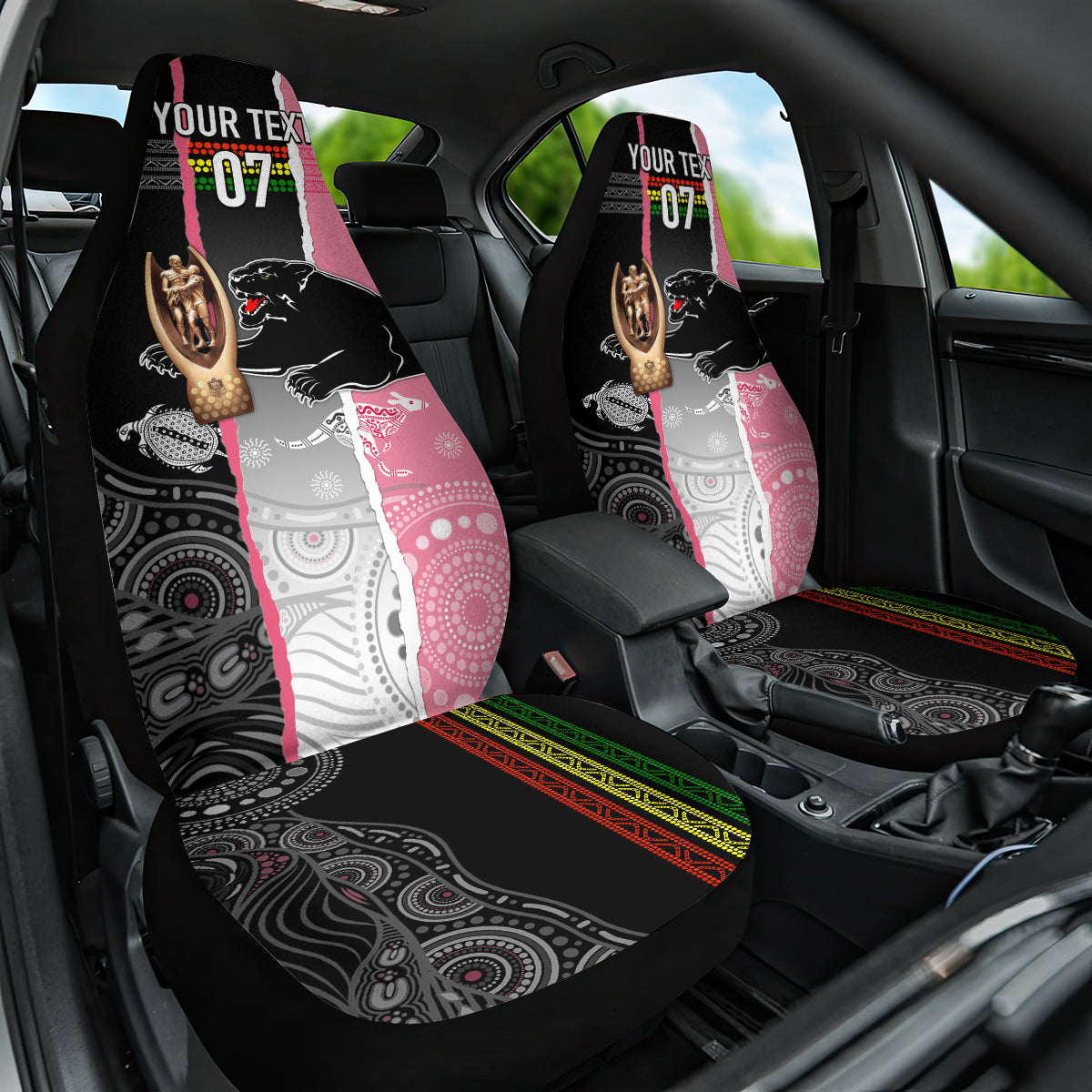 personalised-panther-rugby-nrl-premiers-car-seat-cover-panther-pride-black-pink-aboriginal-mix-art