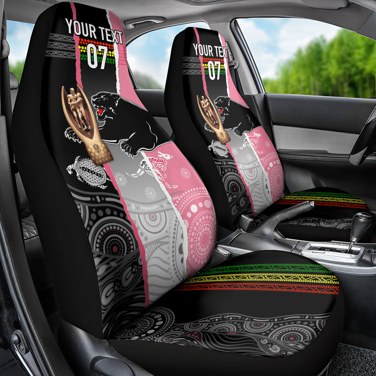 personalised-panther-rugby-nrl-premiers-car-seat-cover-panther-pride-black-pink-aboriginal-mix-art