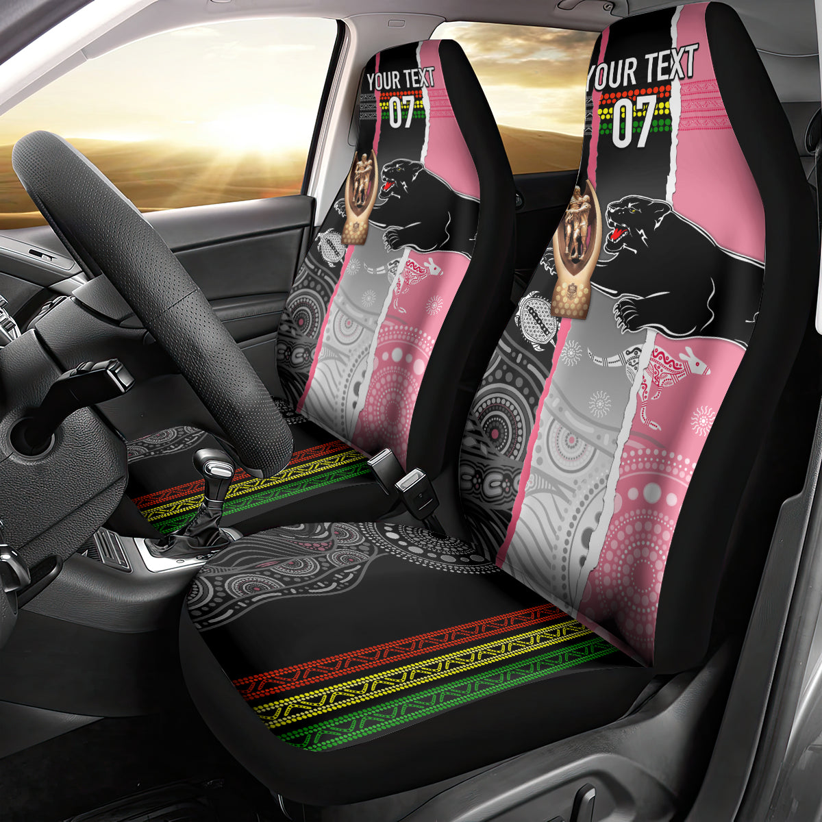 personalised-panther-rugby-nrl-premiers-car-seat-cover-panther-pride-black-pink-aboriginal-mix-art