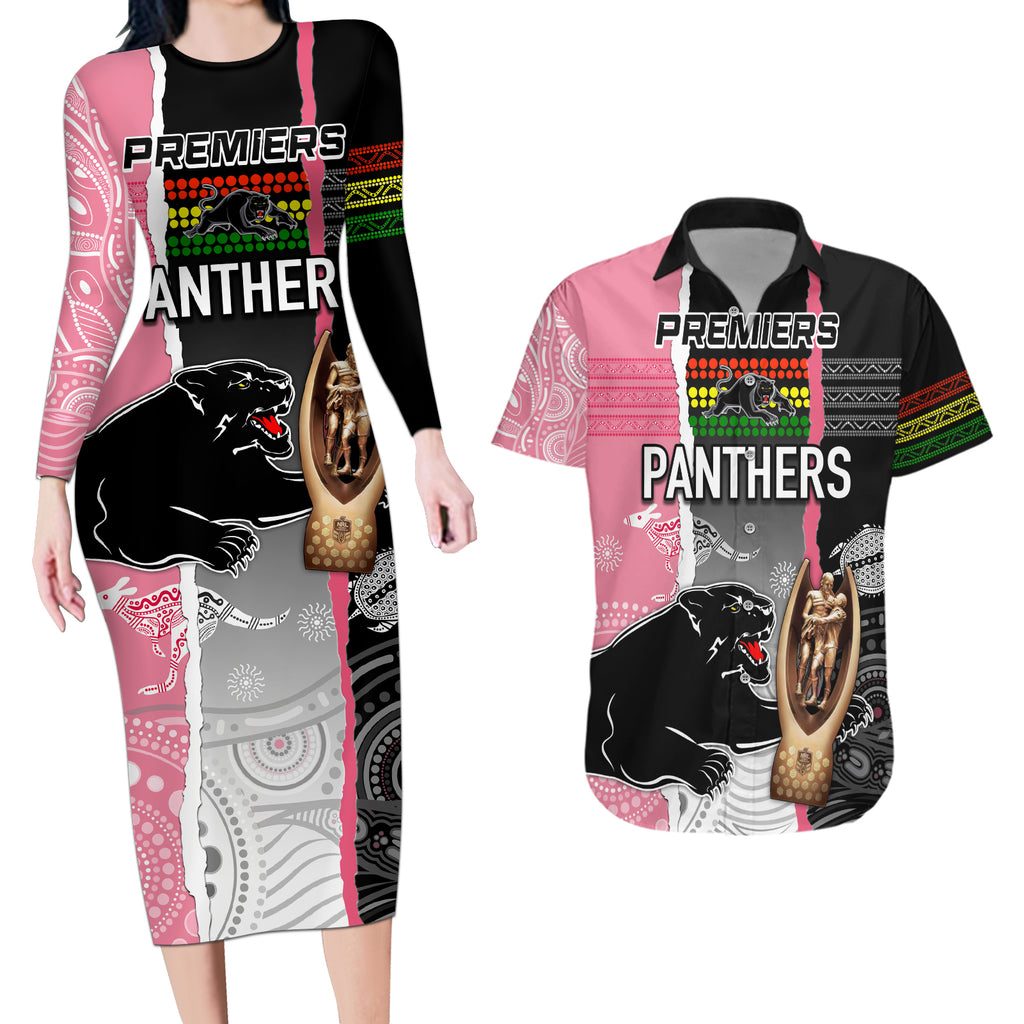 personalised-panther-rugby-nrl-premiers-couples-matching-long-sleeve-bodycon-dress-and-hawaiian-shirt-panther-pride-black-pink-aboriginal-mix-art