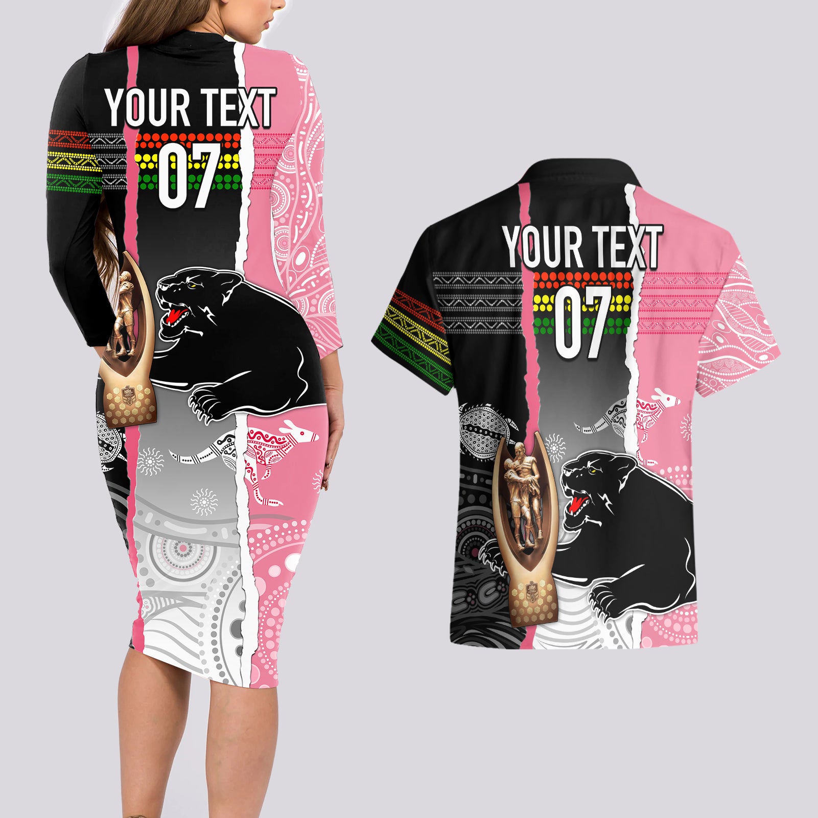 personalised-panther-rugby-nrl-premiers-couples-matching-long-sleeve-bodycon-dress-and-hawaiian-shirt-panther-pride-black-pink-aboriginal-mix-art