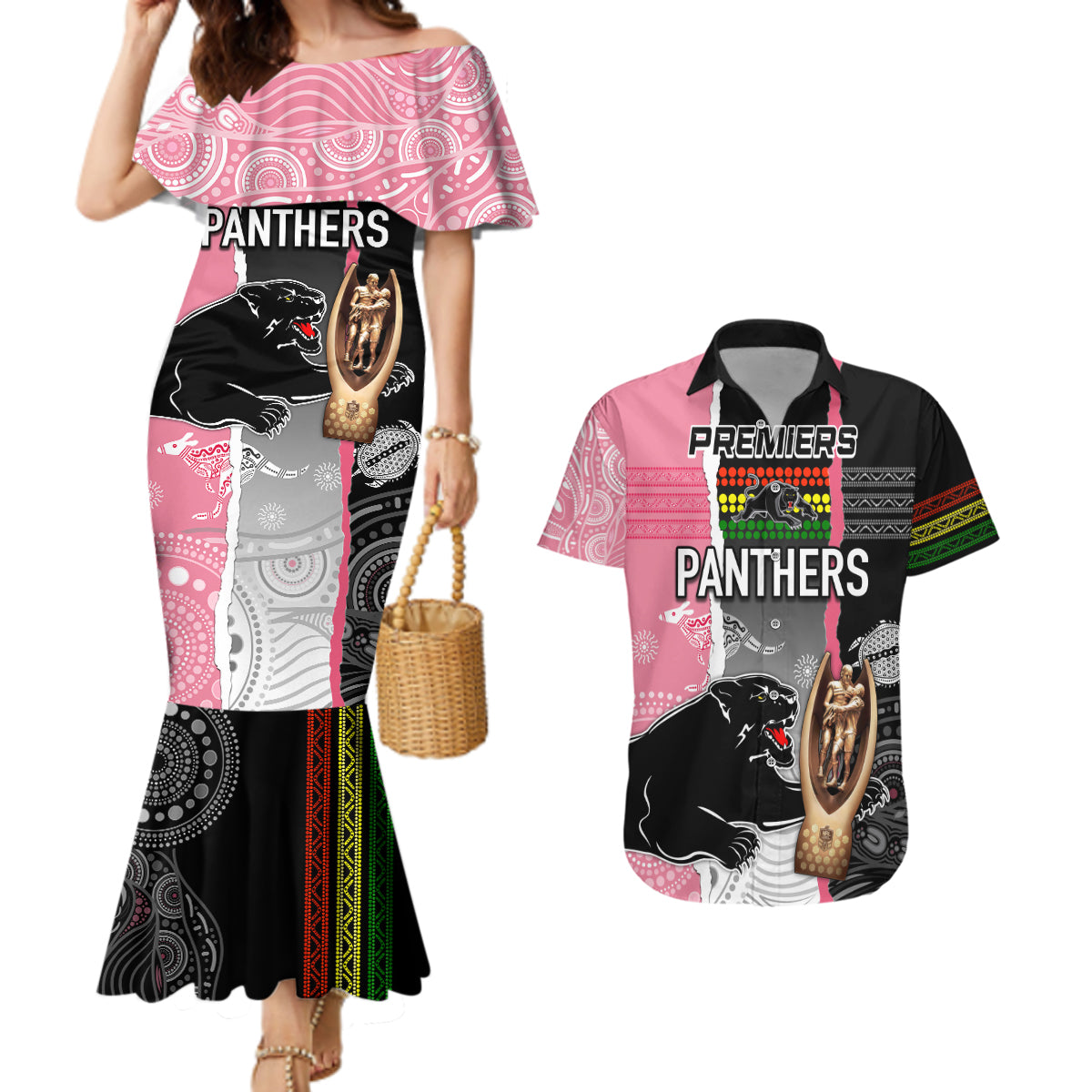personalised-panther-rugby-nrl-premiers-couples-matching-mermaid-dress-and-hawaiian-shirt-panther-pride-black-pink-aboriginal-mix-art