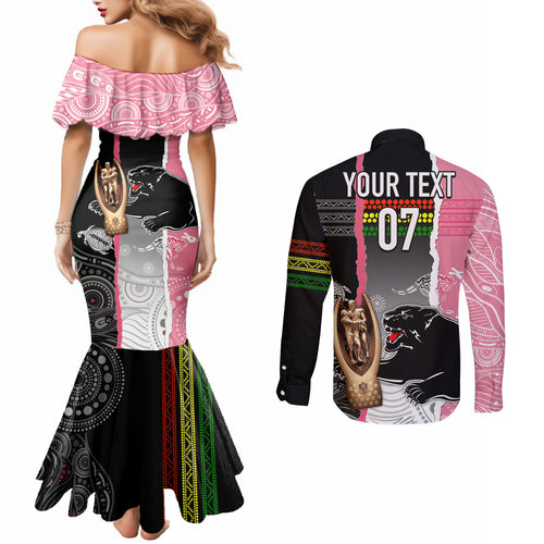personalised-panther-rugby-nrl-premiers-couples-matching-mermaid-dress-and-long-sleeve-button-shirts-panther-pride-black-pink-aboriginal-mix-art