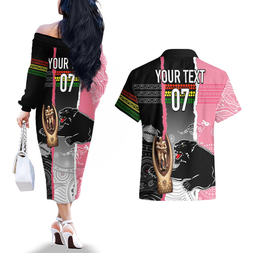 personalised-panther-rugby-nrl-premiers-couples-matching-off-the-shoulder-long-sleeve-dress-and-hawaiian-shirt-panther-pride-black-pink-aboriginal-mix-art