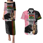 personalised-panther-rugby-nrl-premiers-couples-matching-puletasi-dress-and-hawaiian-shirt-panther-pride-black-pink-aboriginal-mix-art
