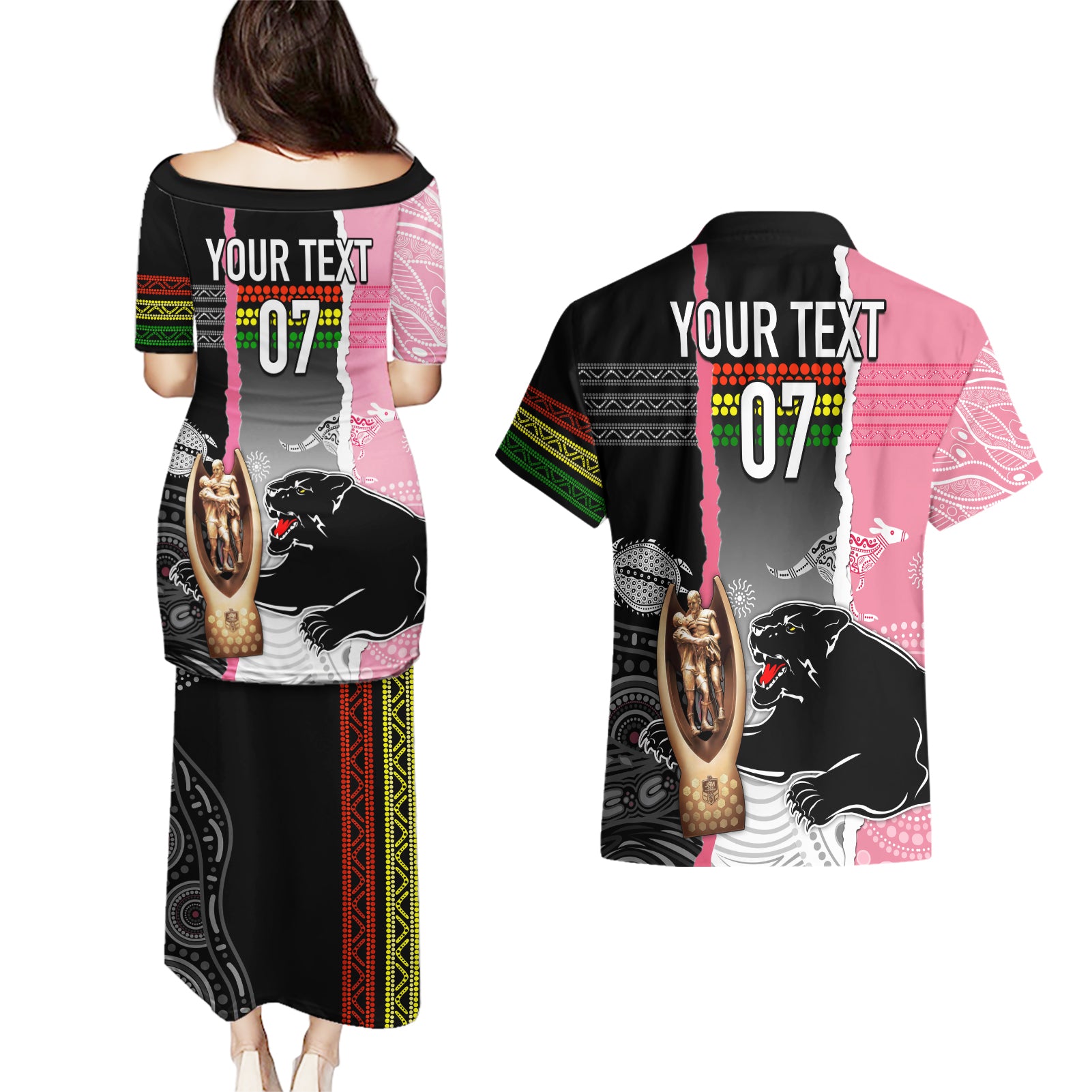 personalised-panther-rugby-nrl-premiers-couples-matching-puletasi-dress-and-hawaiian-shirt-panther-pride-black-pink-aboriginal-mix-art