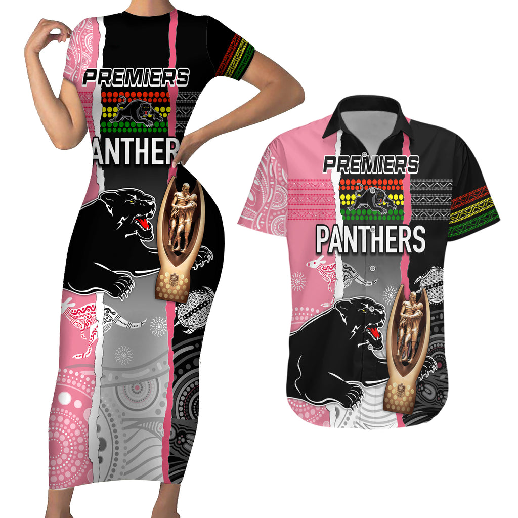 personalised-panther-rugby-nrl-premiers-couples-matching-short-sleeve-bodycon-dress-and-hawaiian-shirt-panther-pride-black-pink-aboriginal-mix-art