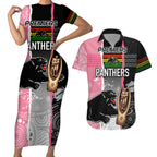 personalised-panther-rugby-nrl-premiers-couples-matching-short-sleeve-bodycon-dress-and-hawaiian-shirt-panther-pride-black-pink-aboriginal-mix-art