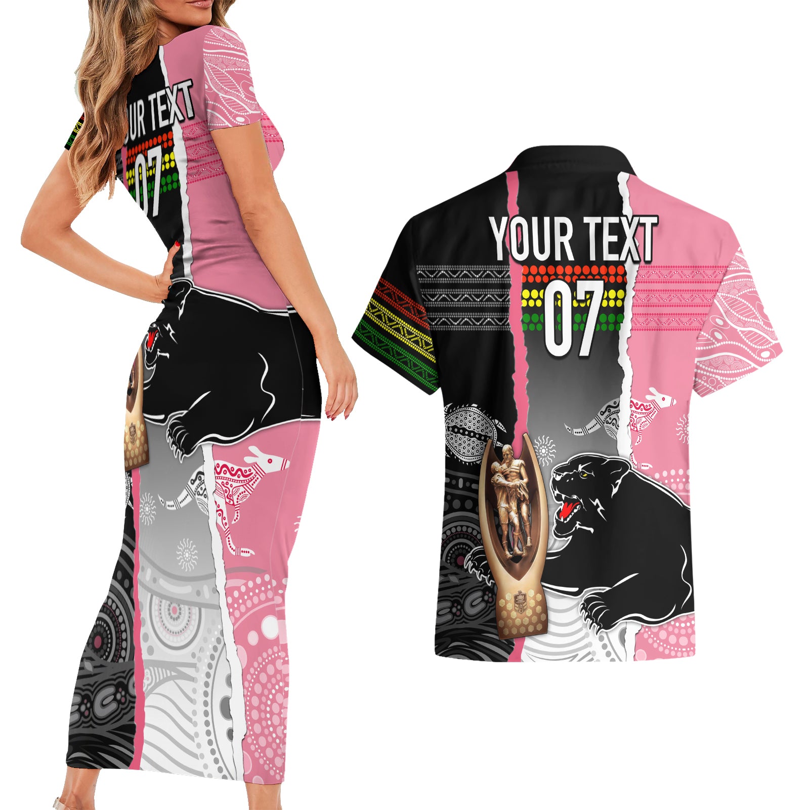 personalised-panther-rugby-nrl-premiers-couples-matching-short-sleeve-bodycon-dress-and-hawaiian-shirt-panther-pride-black-pink-aboriginal-mix-art