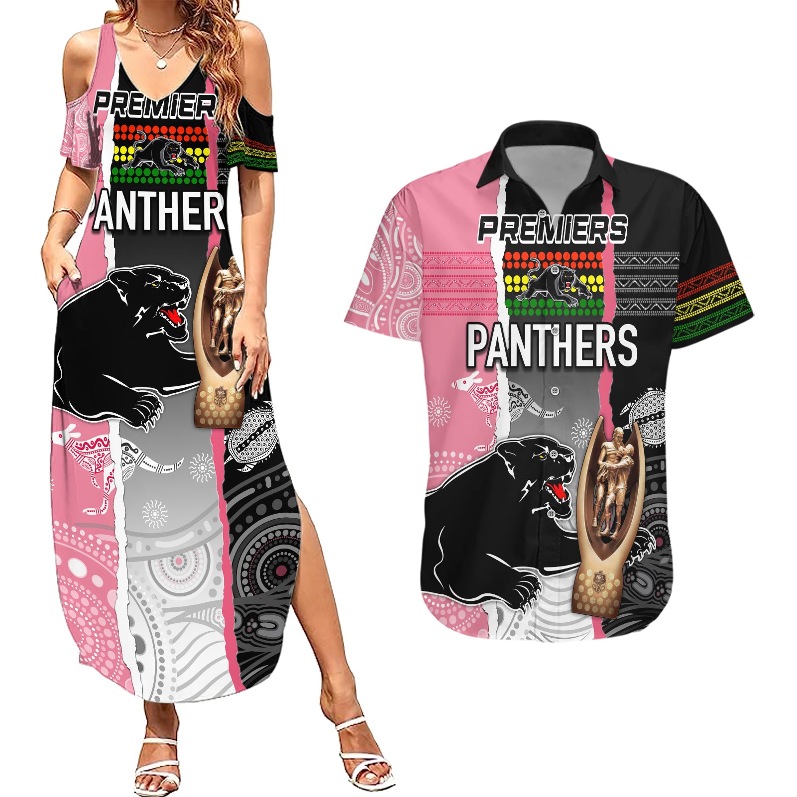 personalised-panther-rugby-nrl-premiers-couples-matching-summer-maxi-dress-and-hawaiian-shirt-panther-pride-black-pink-aboriginal-mix-art