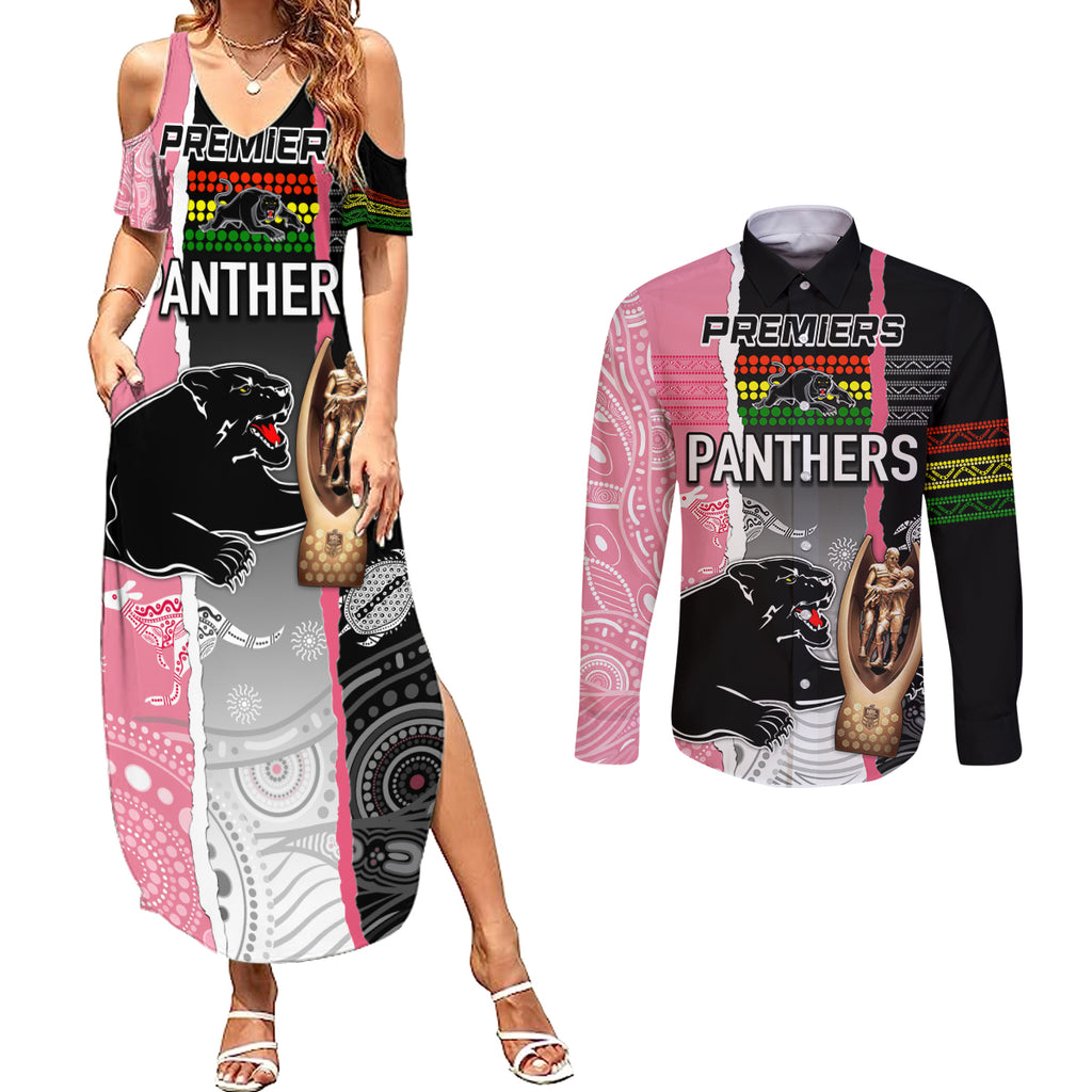 personalised-panther-rugby-nrl-premiers-couples-matching-summer-maxi-dress-and-long-sleeve-button-shirts-panther-pride-black-pink-aboriginal-mix-art