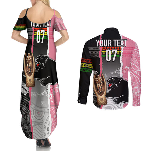 personalised-panther-rugby-nrl-premiers-couples-matching-summer-maxi-dress-and-long-sleeve-button-shirts-panther-pride-black-pink-aboriginal-mix-art